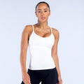 White scoop neck impact top with thin spaghetti straps, fitted silhouette