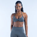 Front strappy bralette with halter-style straps and triangle cups, dark gray
