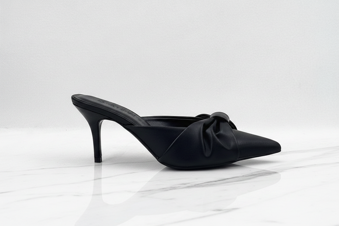 Black Satin Bow Slip-On Mule Heels | Pointed Toe Stiletto