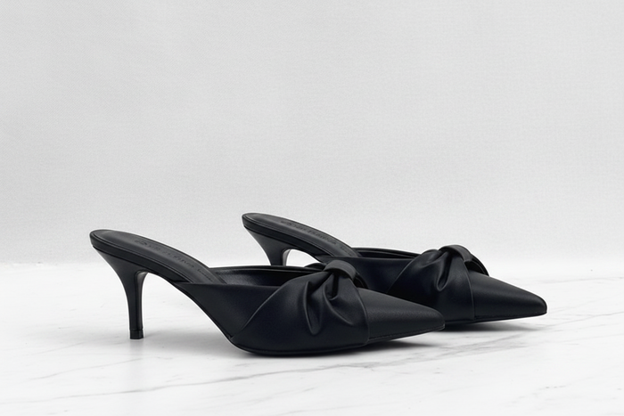 Black Satin Bow Slip-On Mule Heels | Pointed Toe Stiletto
