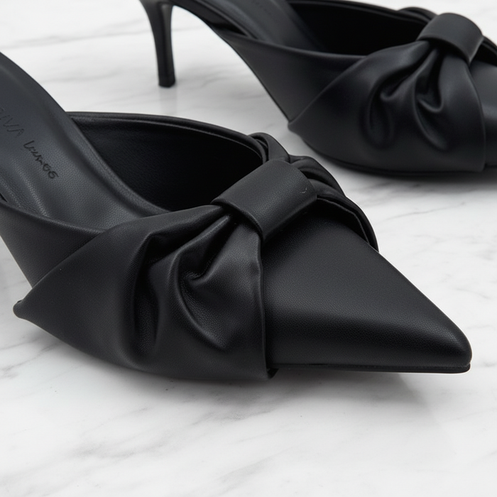 Jodina Black Satin Bow Slip-On Mule Heels | Pointed Toe Stiletto