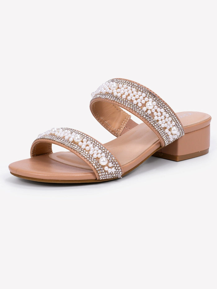 Jonie Bead Embellished Double Band Low Block Heel Slip-On Sandals