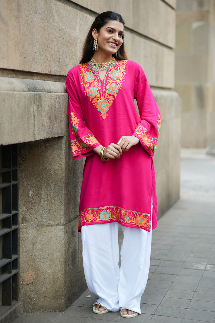 Kashmiri Aari Embroidered Long Kurta in Rayon - Pink
