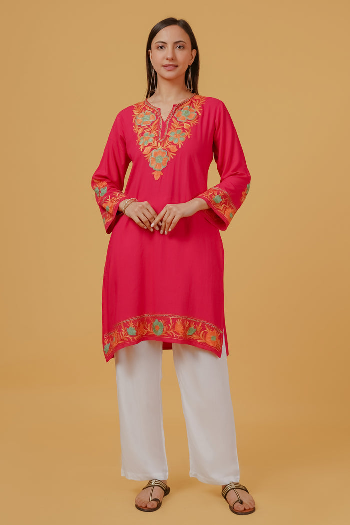 Kashmiri Aari Embroidered Long Kurta in Rayon - Pink