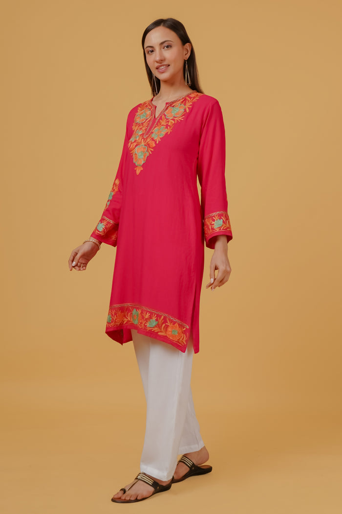 Kashmiri Aari Embroidered Long Kurta in Rayon - Pink