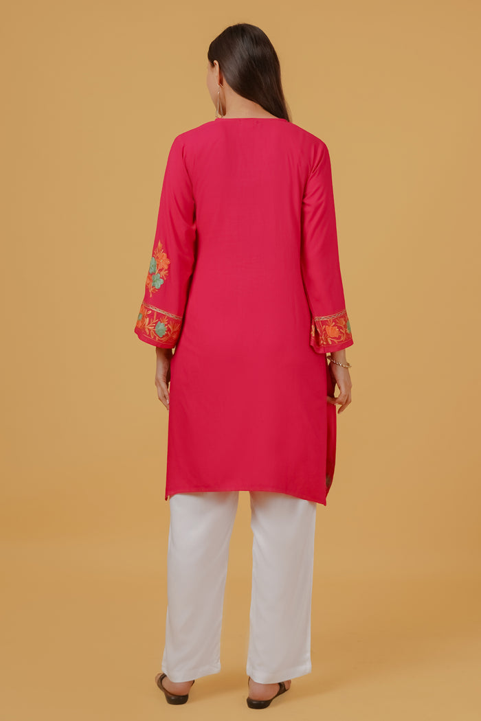 Kashmiri Aari Embroidered Long Kurta in Rayon - Pink