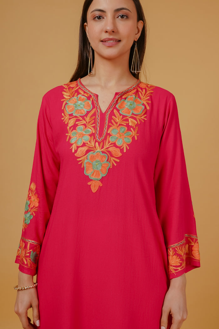Kashmiri Aari Embroidered Long Kurta in Rayon - Pink