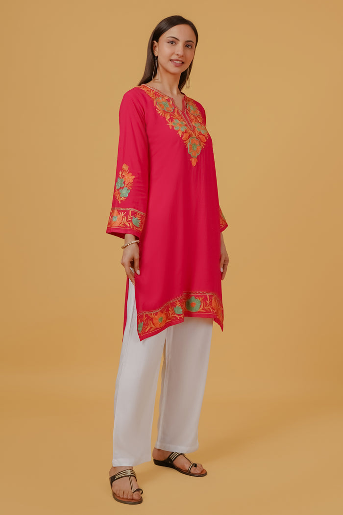 Kashmiri Aari Embroidered Long Kurta in Rayon - Pink