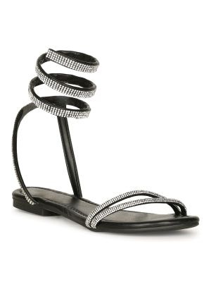 Women's Black Rhinestone Lace-Up Flat Sandals - Round Toe
