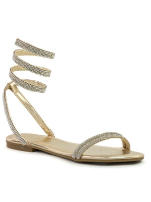 Women's Gold Rhinestone Lace-Up Strappy Flat Sandals