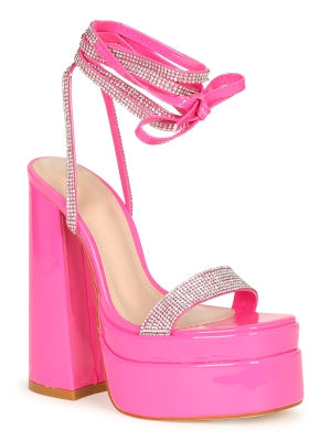 Women's Fuchsia Rhinestone Lace-Up Platform Block Heel - Round Toe