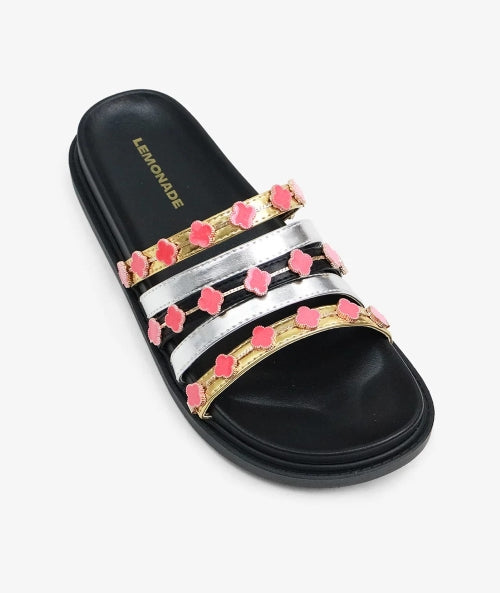 Lemonade Tolu Gold Clover Charm Slide Sandals – Women's Flat Slip-On