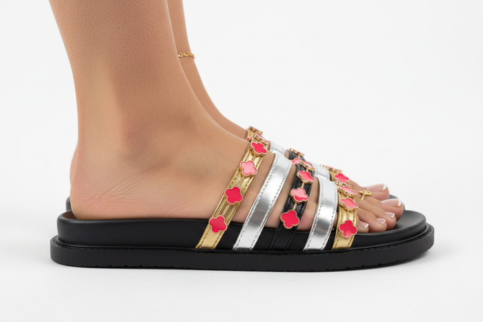 Tolu Gold Clover Charm Slide Sandals – Women's Flat Slip-On