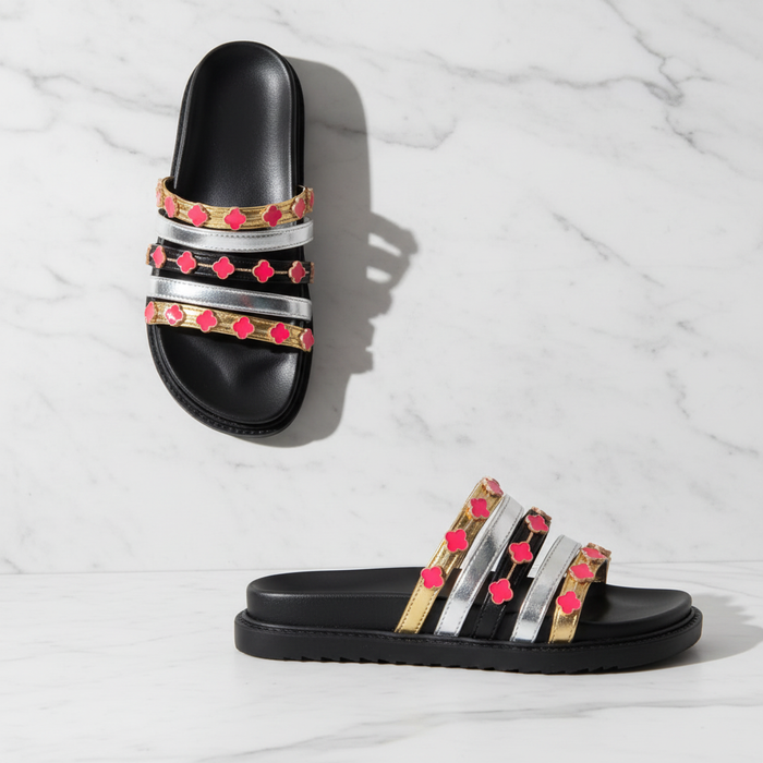 Tolu Gold Clover Charm Slide Sandals – Women's Flat Slip-On