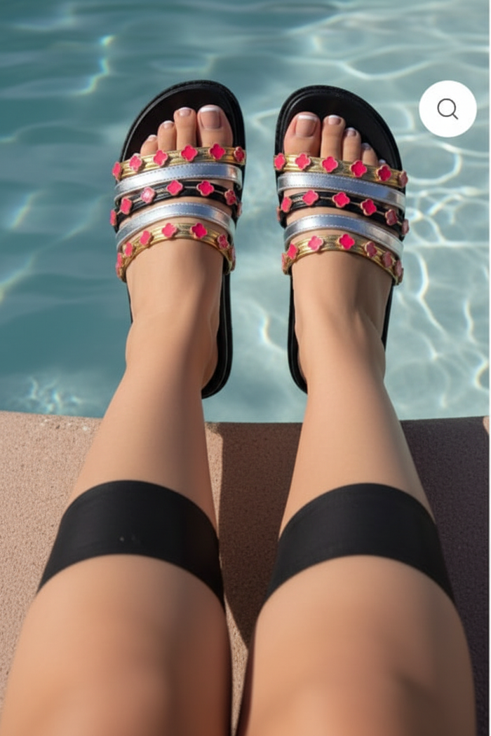 Tolu Gold Clover Charm Slide Sandals – Women's Flat Slip-On