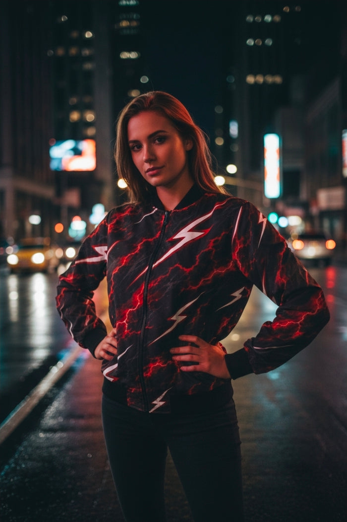 Lightning Bolt Bomber Jacket — Red & Black Storm Graphic