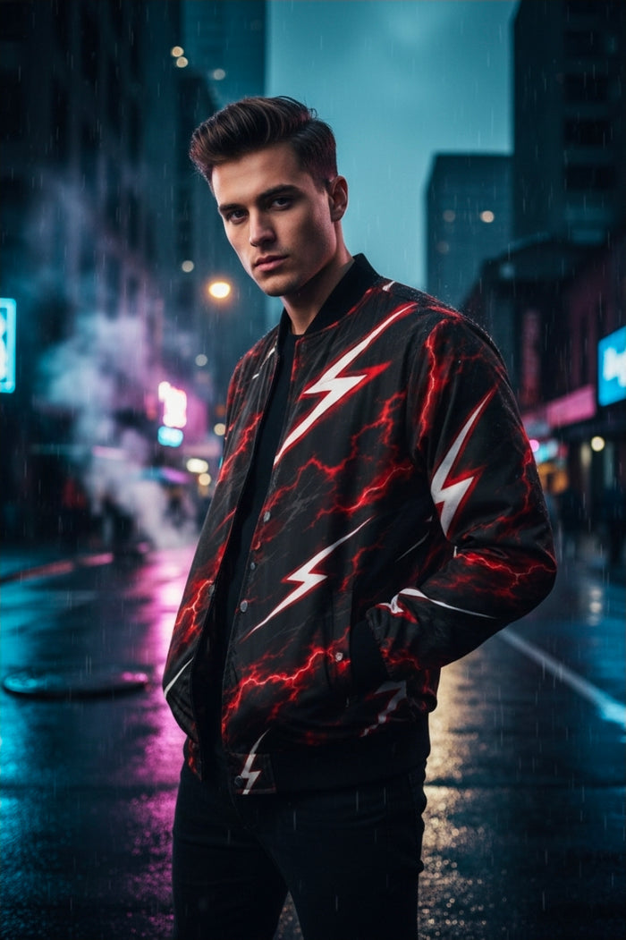 Lightning Bolt Bomber Jacket — Red & Black Storm Graphic