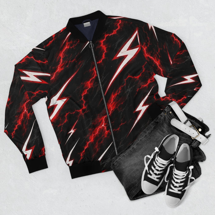 Lightning Bolt Bomber Jacket — Red & Black Storm Graphic
