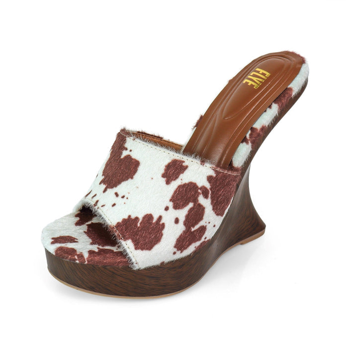 Liliana Basso Cow Print Pony Hair Platform Wedge Mule – Slip-On Open Toe Sandal