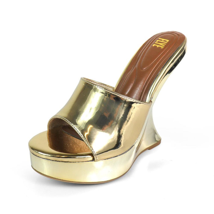 Liliana Basso Gold Patent Platform Wedge Mule – Slip-On Open Toe Sandal
