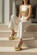 Liliana Basso Gold Patent Platform Wedge Mule – Slip-On Open Toe Sandal