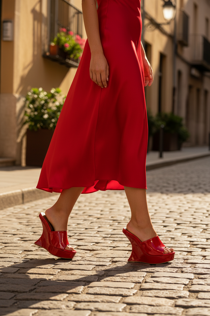 Model wearing Liliana Basso red patent platform wedge mule on European cobblestone street