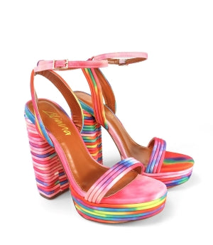 Lily Yuko Fashion Buckle Platform Open Toe Chunky Block Heel - Rainbow