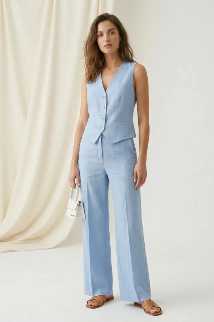 Ленен Комплект от Две Части: Елек и Панталон с Широк Крачол (100% Лен) VIPART Roberto Fashion Store Set VPR0105SETBLULIN 38