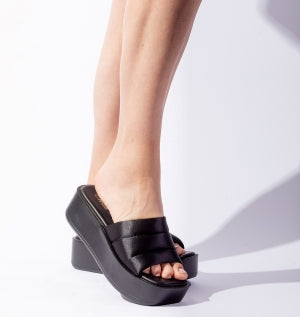 Women's Black Wide Strap Square Toe Platform Slide Sandals