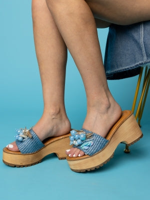 Women's Raffia & Pearl Detail Platform Block Heel Mule