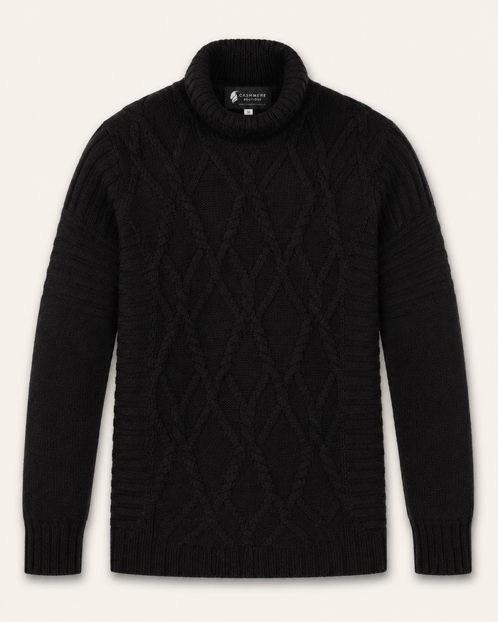 Men's Cable Turtleneck Sweater in Pure Baby Alpaca - black
