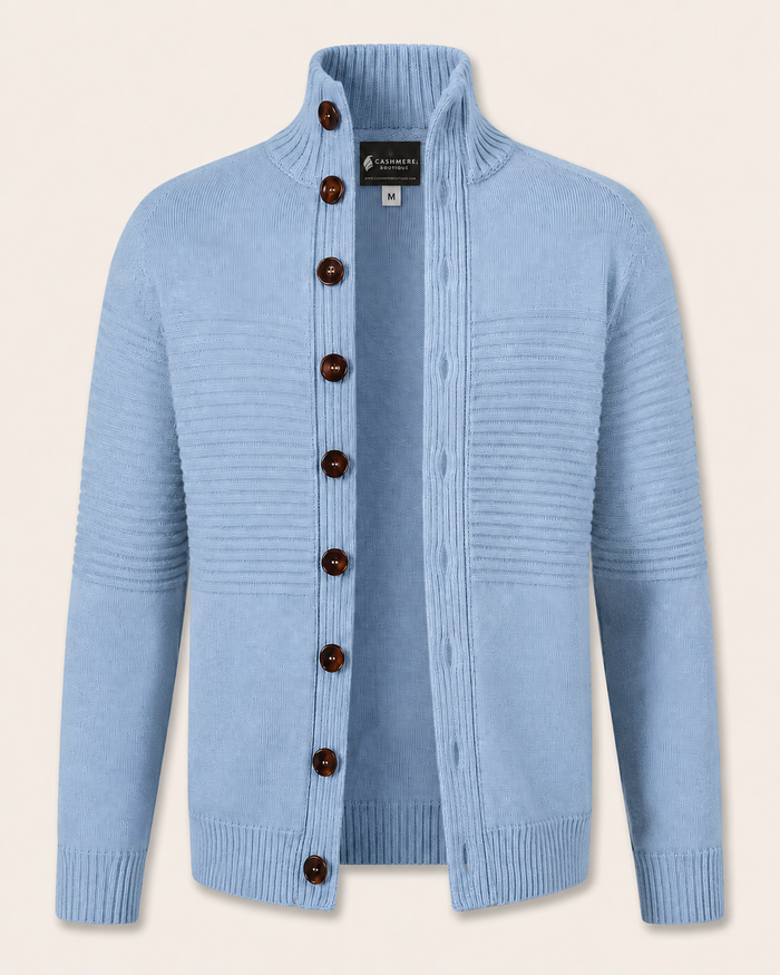 Men's Mock Neck Cardigan in Pure Cashmere - baby blue