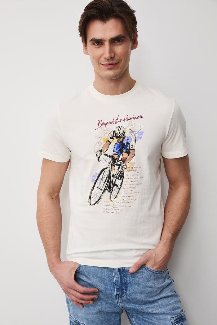 Men's T-shirt with abstract art print "Cyclist" in beige