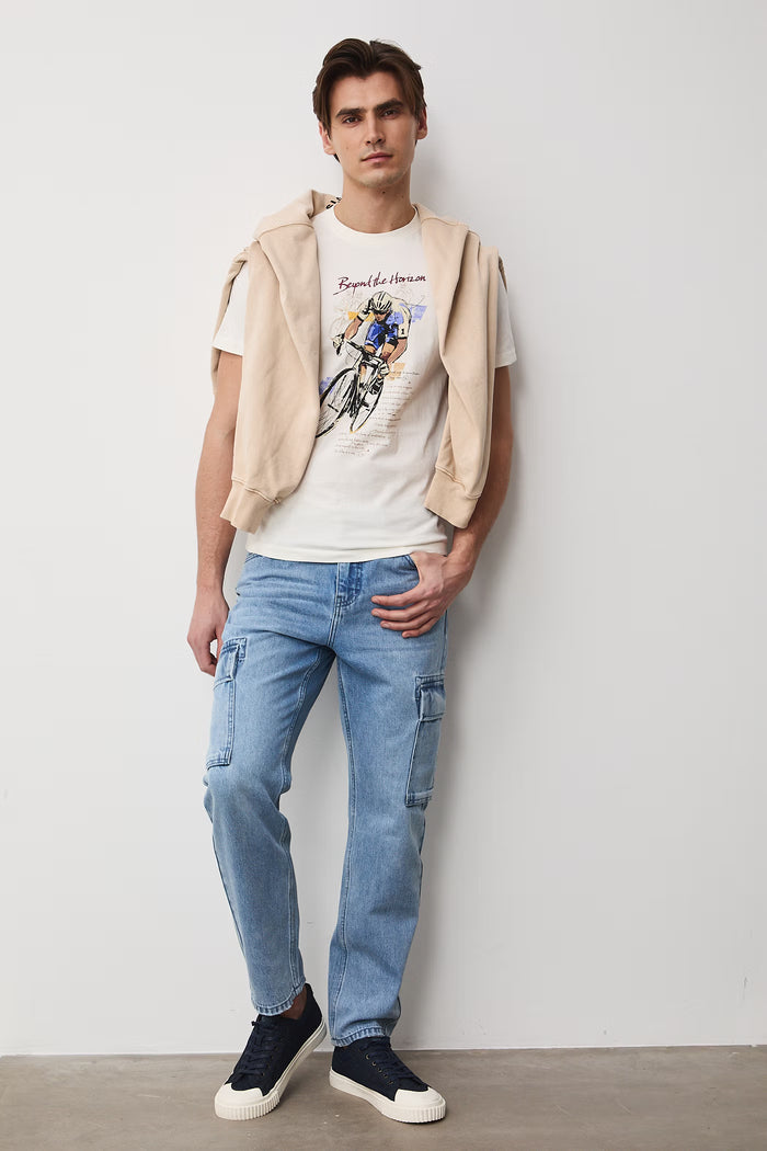 Men's T-shirt with abstract art print "Cyclist" in beige
