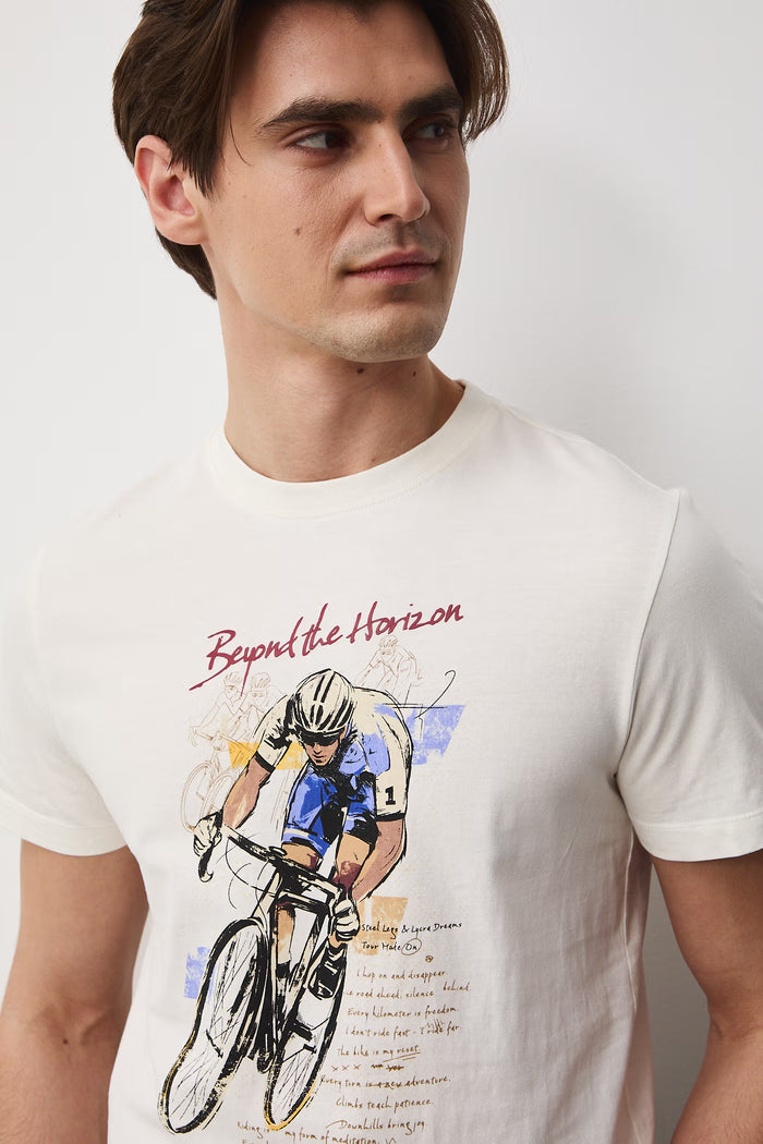 Men's T-shirt with abstract art print "Cyclist" in beige