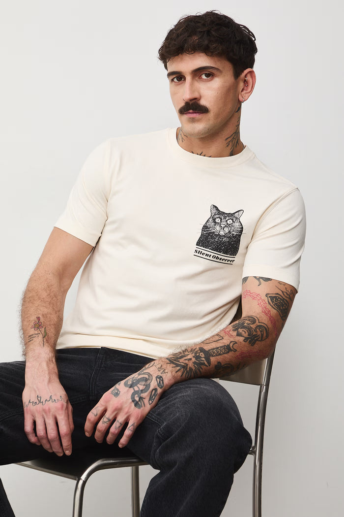 Men's T-shirt with abstract art printed cat in beige