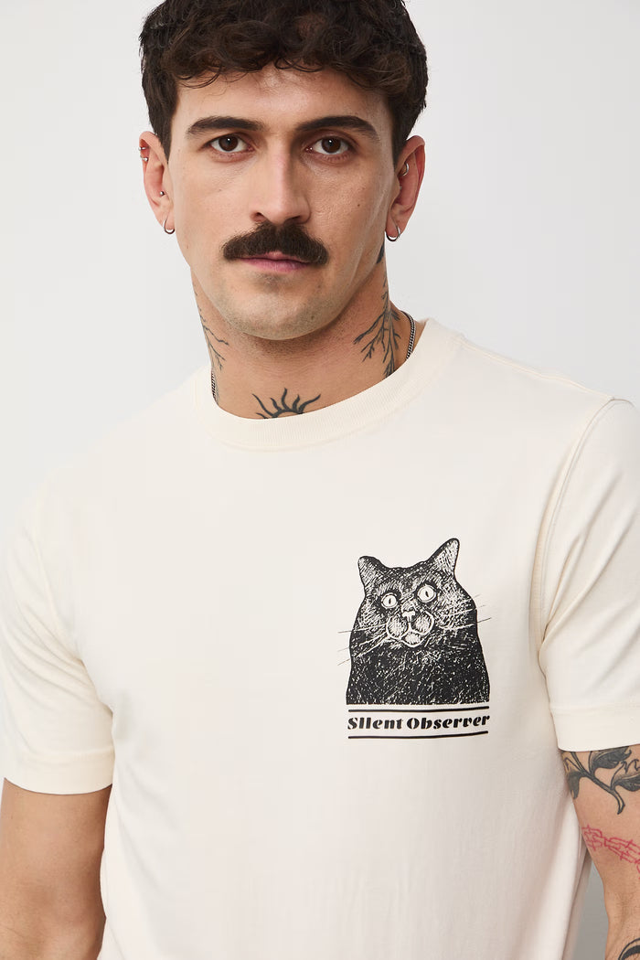 Men's T-shirt with abstract art printed cat in beige