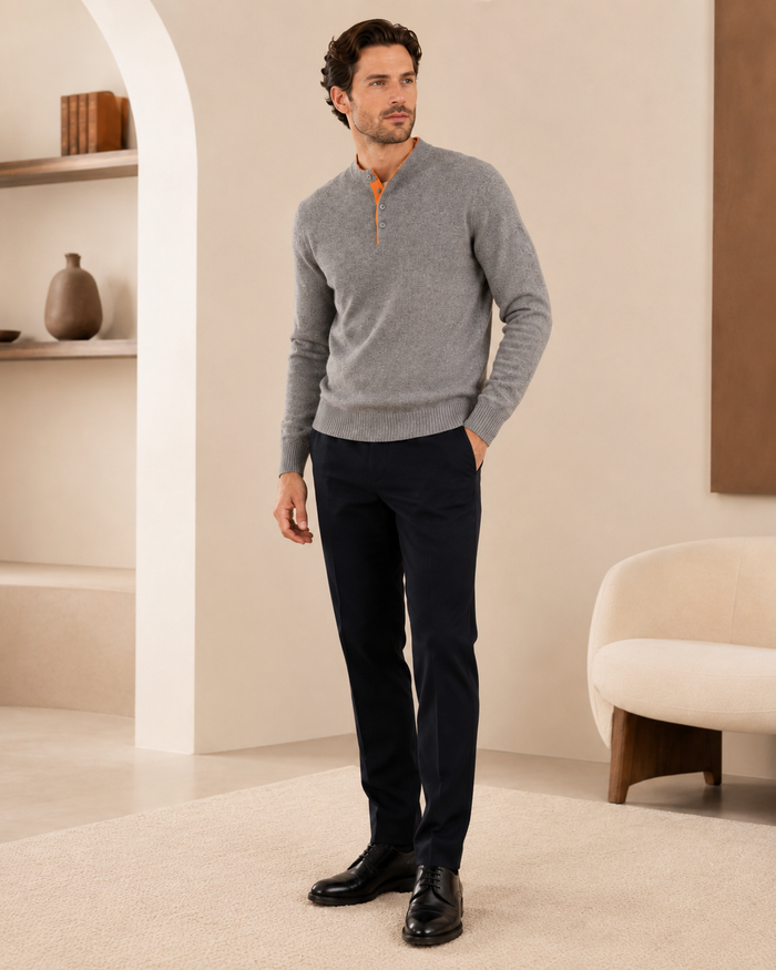 Men's Two Tone Polo Sweater in Pure Cashmere