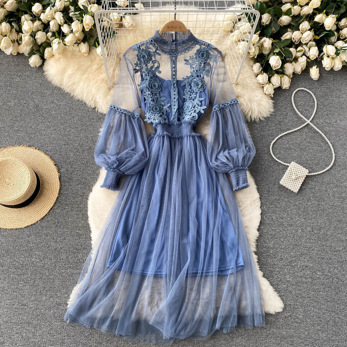 Mesh Graceful Stand Collar Lantern Sleeve High Waist Slimming Suspenders Dress - Livefree