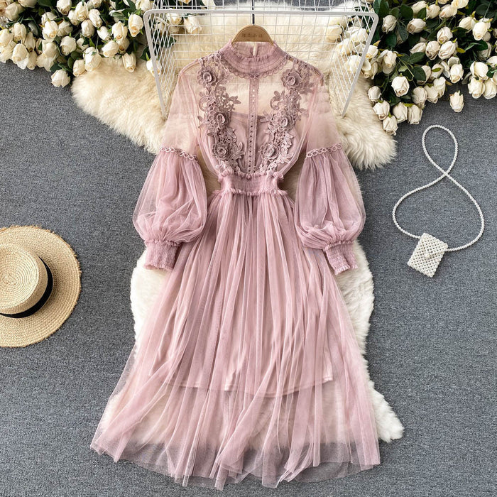 Mesh Graceful Stand Collar Lantern Sleeve High Waist Slimming Suspenders Dress - Livefree
