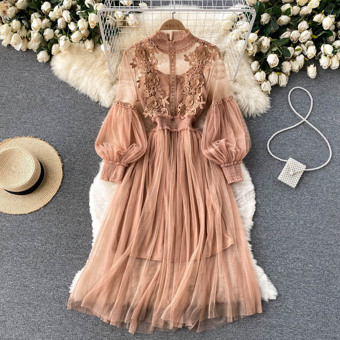 Mesh Graceful Stand Collar Lantern Sleeve High Waist Slimming Suspenders Dress - Livefree