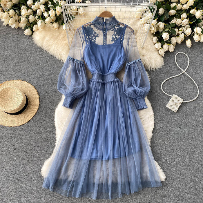 Mesh Graceful Stand Collar Lantern Sleeve High Waist Slimming Suspenders Dress - Livefree