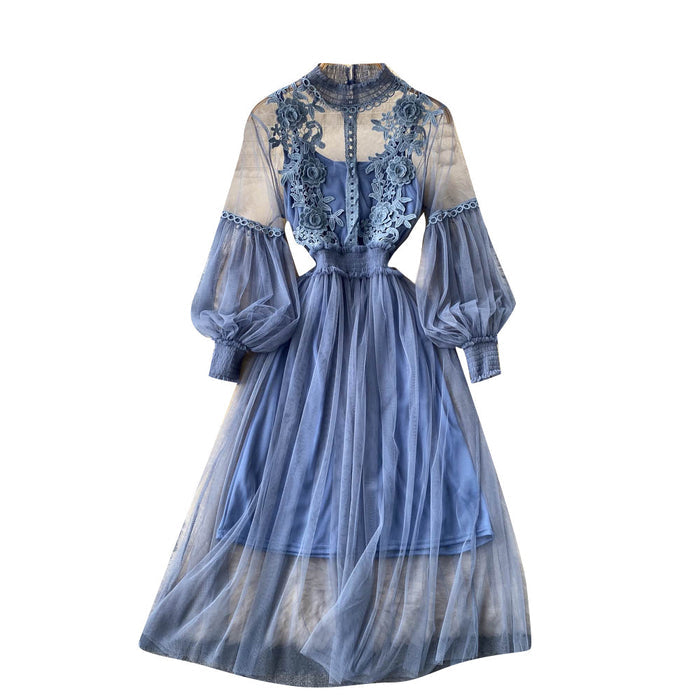 Mesh Graceful Stand Collar Lantern Sleeve High Waist Slimming Suspenders Dress - Livefree