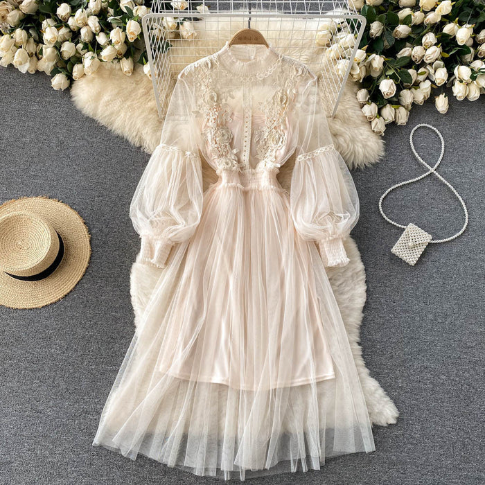 Mesh Graceful Stand Collar Lantern Sleeve High Waist Slimming Suspenders Dress - Livefree