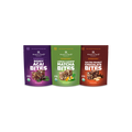 Three Navitas Organics Superfood+ BITES packages including Berry Acai, Lemon Cashew Matcha and Salted Peanut Chocolate BITES.