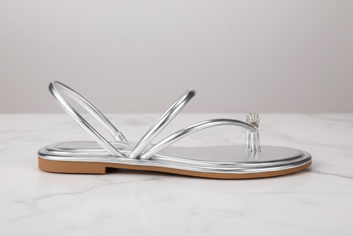 Nora Silver Metallic Crystal Toe Ring Flat Sandals – side profile view on white marble