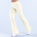 Light cream flare pants with smooth waistband and wide-leg fit