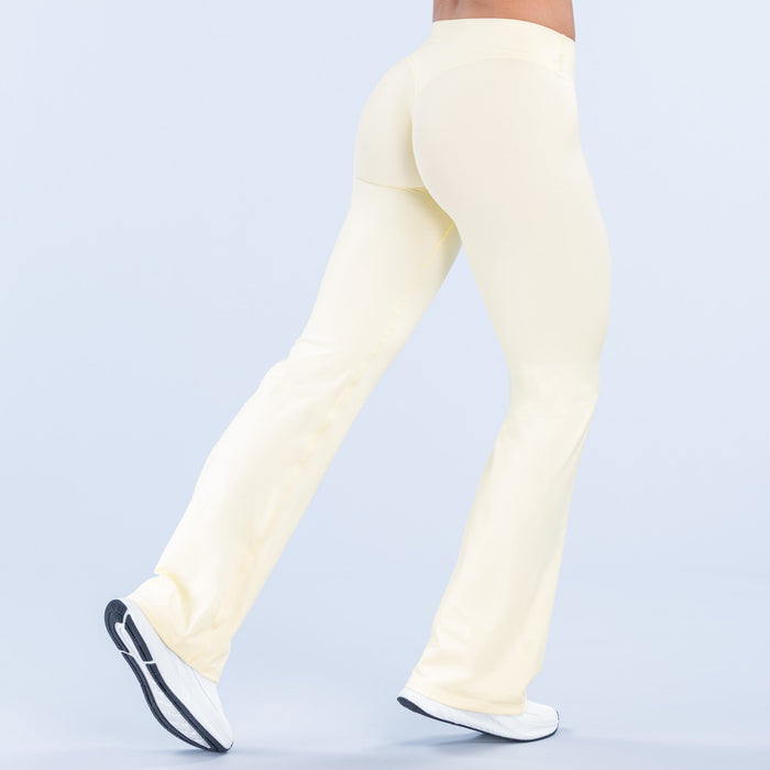 Light cream flare pants, side view, relaxed wide-leg silhouette
