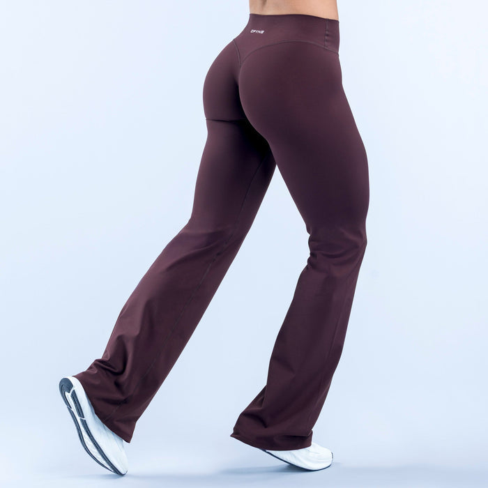 Burgundy flare leggings with smooth wide legs and small side logo near waistband