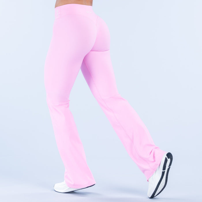 Light pink flared pants with high-rise waistband and wide leg opening